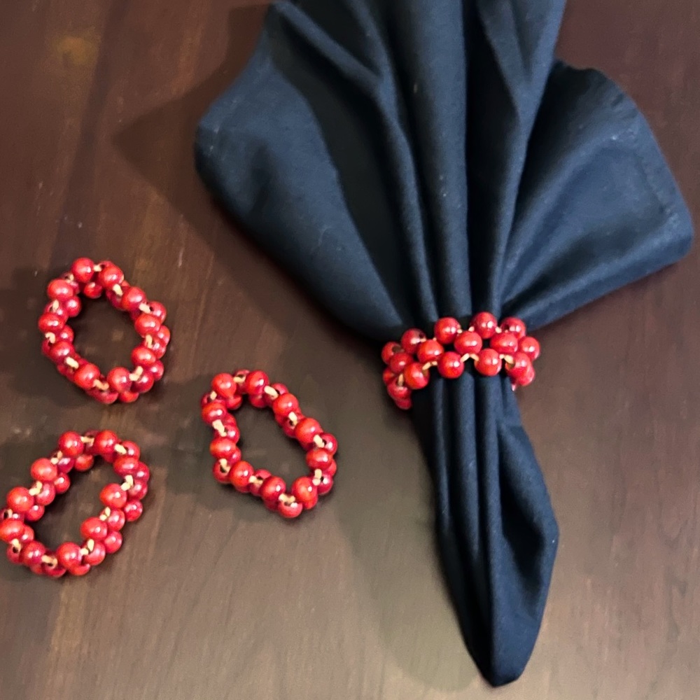 Set of 4 Red Napkin Rings Wooden Beads